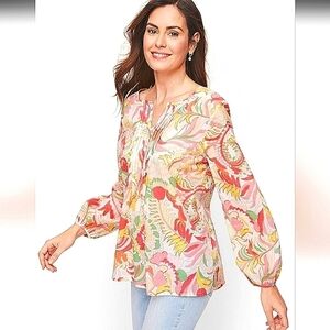 Talbots Pink Floral Pintuck Lightweight Cotton Blouse Top Long Puff Sleeves M